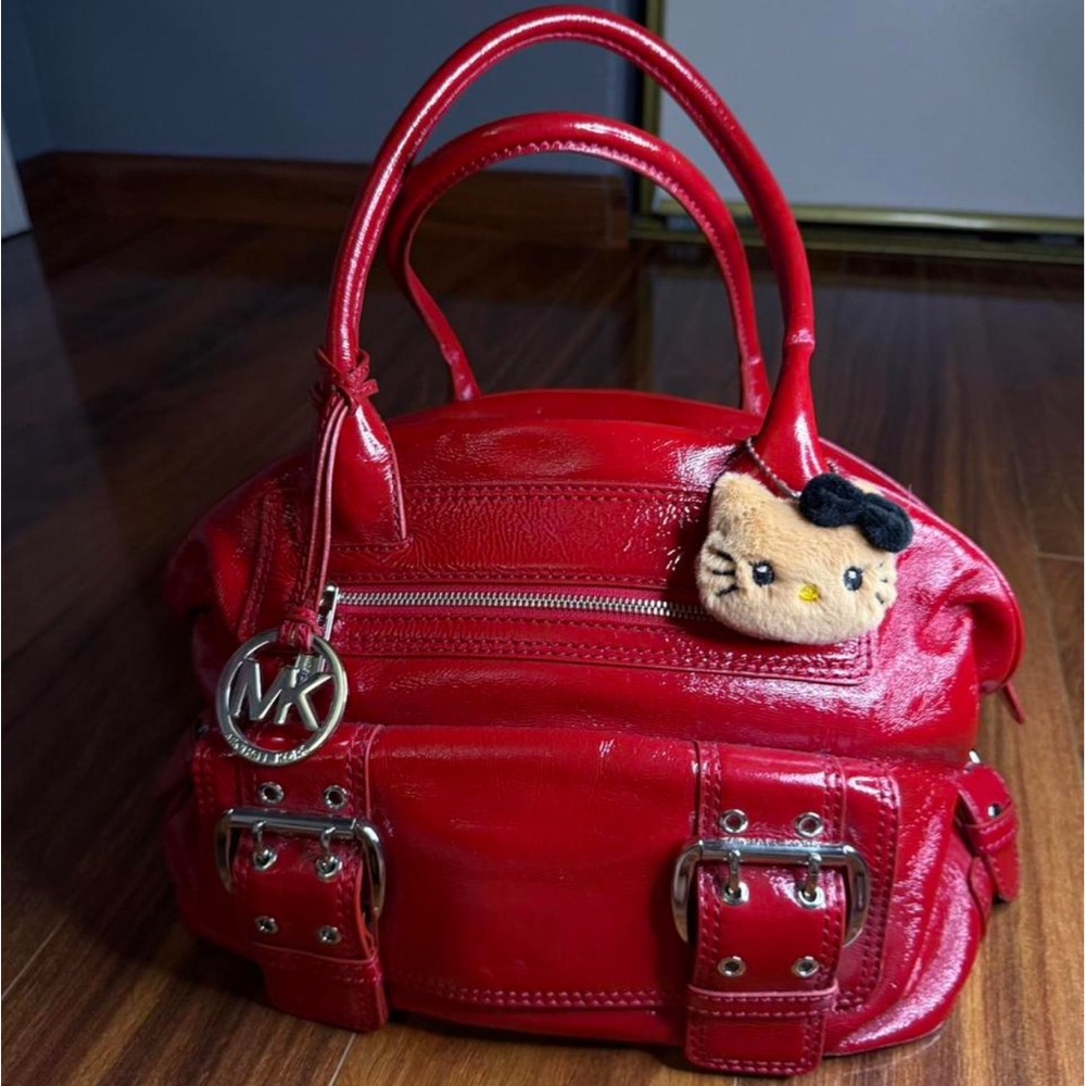 Michael Kors Red Satchel with Silver Accents and Glossy Finish